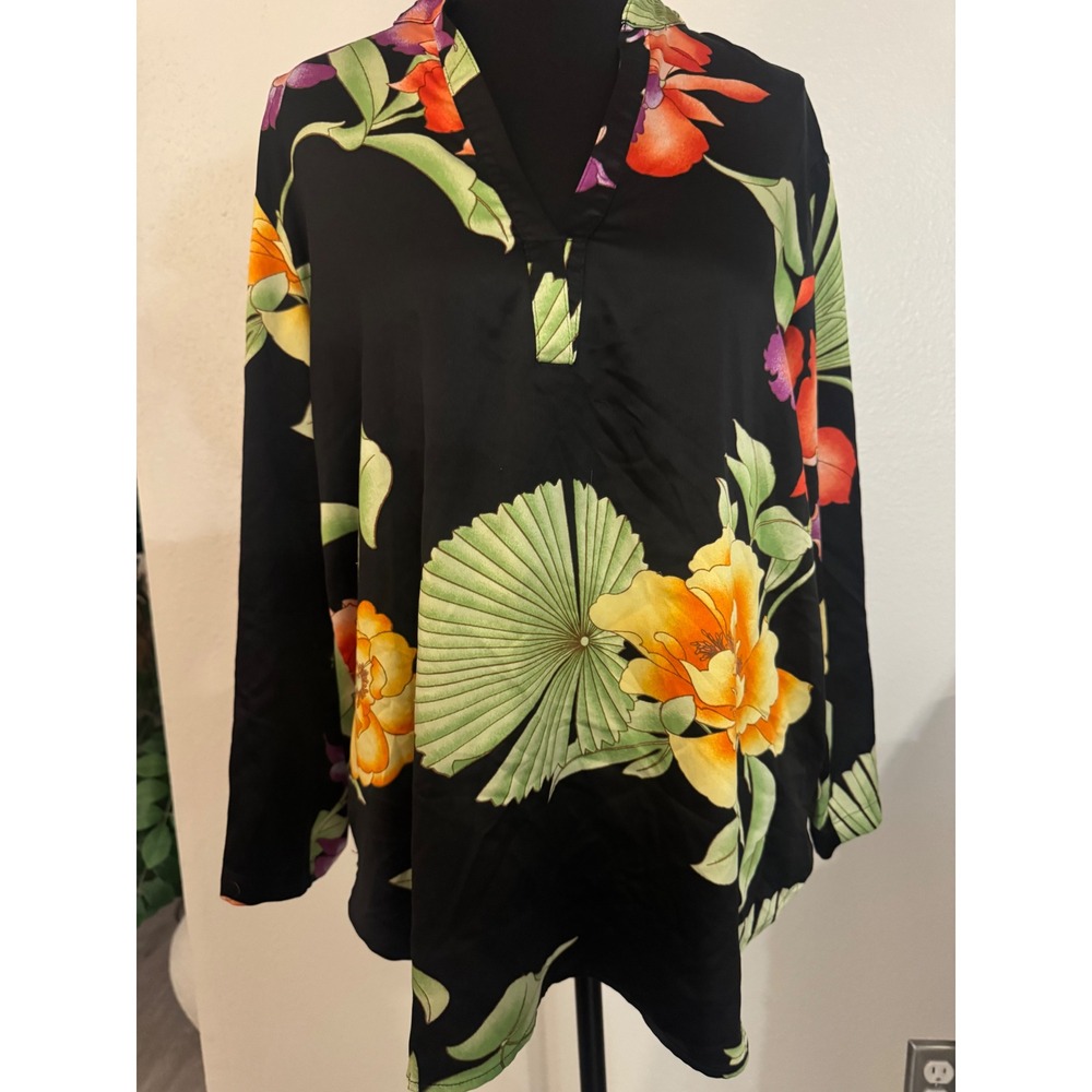 Natori Floral Satin Tunic Top Black Tropical Palm Print V-Neck Long Sleeve S